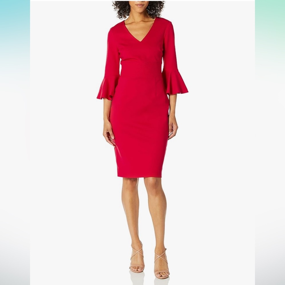 Trina Turk Begonia Bell Sleeve Midi Dress Red Sheath Size 2 Gold Zip Knee Length